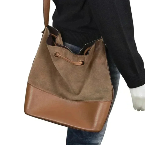 Michael Kors Cary Medium Suede Bucket Bag Purse Brown Shoulder Satchel Crossbody - Picture 4 of 15